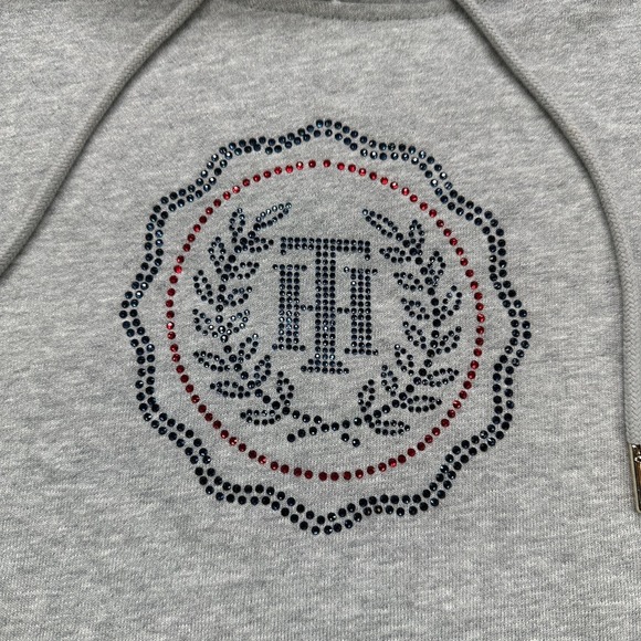 Tommy Hilfiger Women Gray Hoodie Dress‎ Rhinestone Logo Long Sleeve Preppy M - Picture 7 of 16